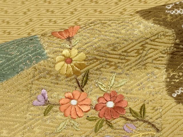 平和屋着物●訪問着　絞り　刺繍　色紙重ね草花文　金彩　正絹　逸品　DABC2426ud