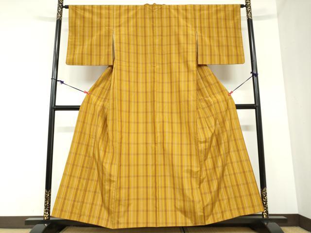 平和屋着物●本場黄八丈　平織　格子文　正絹　逸品　DABC2427ud