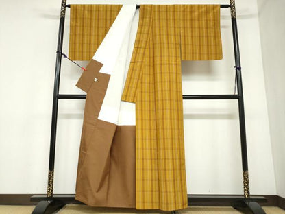 平和屋着物●本場黄八丈　平織　格子文　正絹　逸品　DABC2427ud