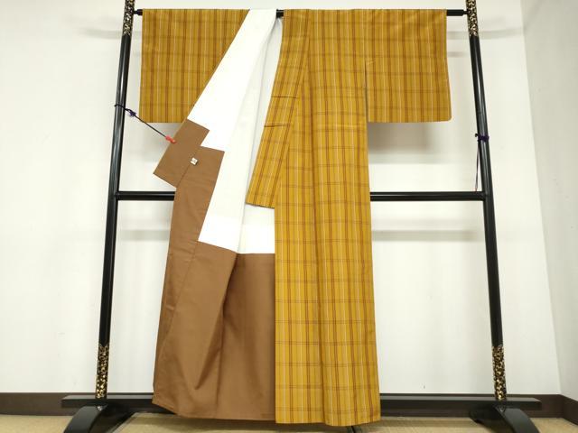 平和屋着物●本場黄八丈　平織　格子文　正絹　逸品　DABC2427ud