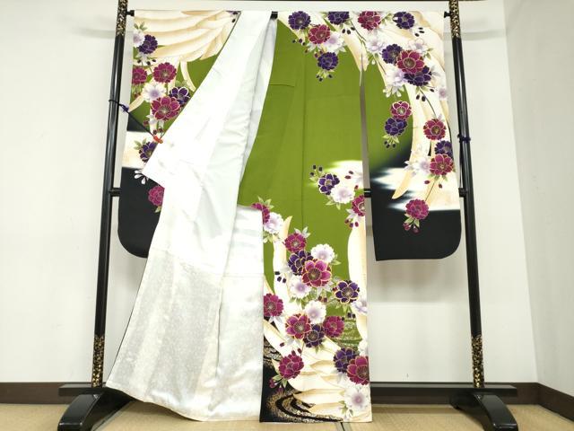 平和屋着物●豪華振袖　駒刺繍　枝花文　金銀彩　正絹　逸品　DABC2439ud