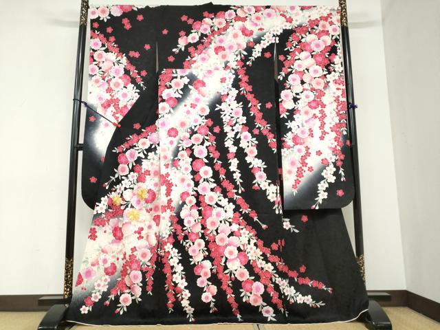 平和屋着物●豪華振袖　駒刺繍　枝垂れ草花文　黒地　正絹　逸品　DABC2440ud
