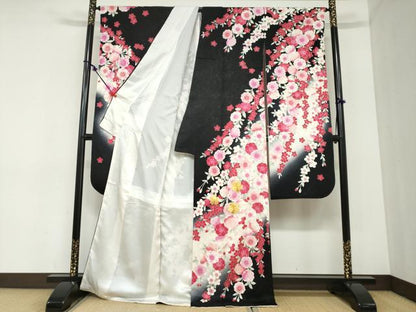 平和屋着物●豪華振袖　駒刺繍　枝垂れ草花文　黒地　正絹　逸品　DABC2440ud