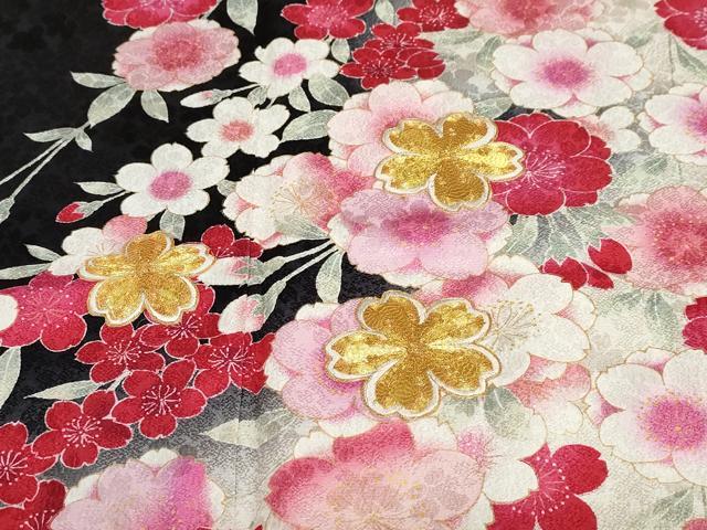 平和屋着物●豪華振袖　駒刺繍　枝垂れ草花文　黒地　正絹　逸品　DABC2440ud