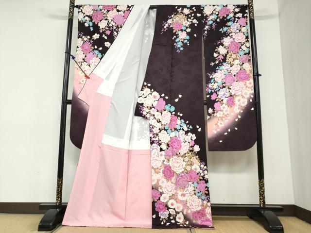 平和屋着物●豪華振袖　ラインストーン　草花文　金銀彩　正絹　逸品　DABC2441ud