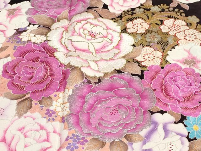 平和屋着物●豪華振袖　ラインストーン　草花文　金銀彩　正絹　逸品　DABC2441ud