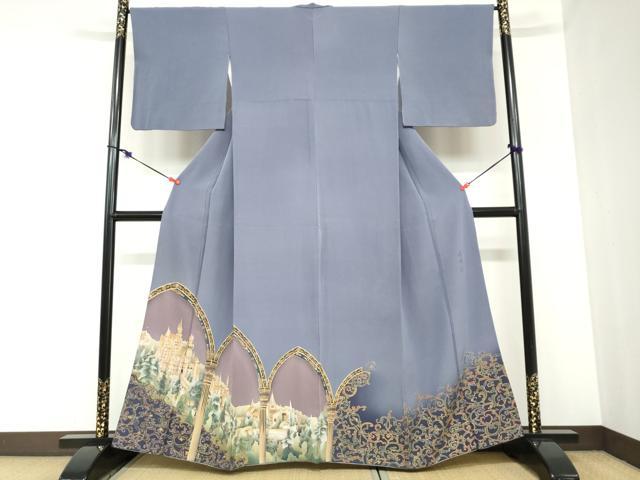 平和屋着物●螺鈿作家　甲斐泰造　色留訪問着　螺鈿　西洋風景文　金彩　正絹　逸品　DABC2443ud