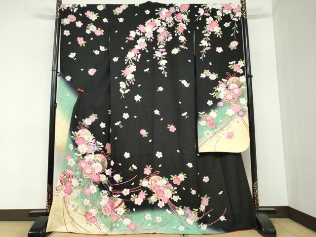 平和屋着物●豪華振袖　花鞠文　暈し染め　金彩　黒地　正絹　逸品　DABC2444ud