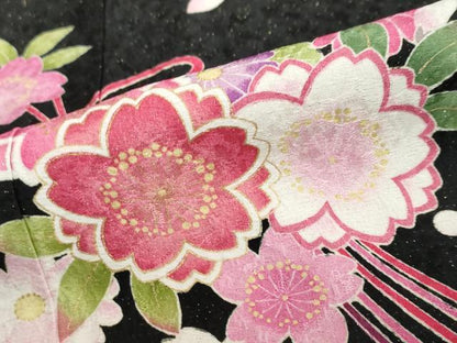 平和屋着物●豪華振袖　花鞠文　暈し染め　金彩　黒地　正絹　逸品　DABC2444ud