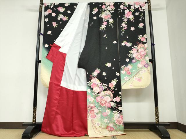 平和屋着物●豪華振袖　花鞠文　暈し染め　黒地　金通し地　正絹　逸品　DABC2445ud
