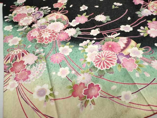 平和屋着物●豪華振袖　花鞠文　暈し染め　黒地　金通し地　正絹　逸品　DABC2445ud