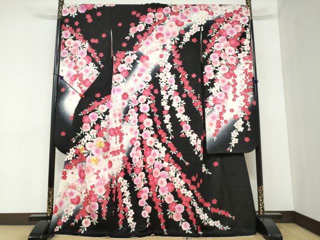 平和屋着物●豪華振袖　駒刺繍　枝垂れ草花文　黒地　金彩　正絹　逸品　DABC2446ud