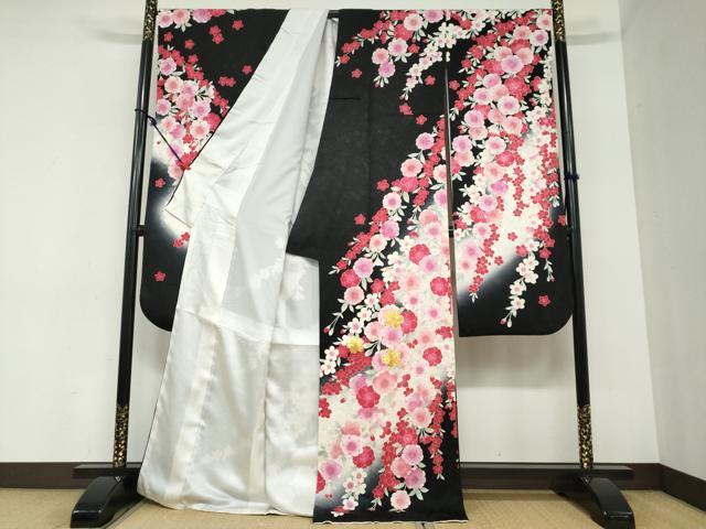 平和屋着物●豪華振袖　駒刺繍　枝垂れ草花文　黒地　金彩　正絹　逸品　DABC2446ud