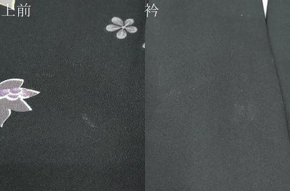 平和屋着物●小紋　舞葉草花文　黒地　洗える着物　未使用　DABC2463ud