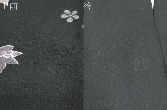 平和屋着物●小紋　舞葉草花文　黒地　洗える着物　未使用　DABC2463ud