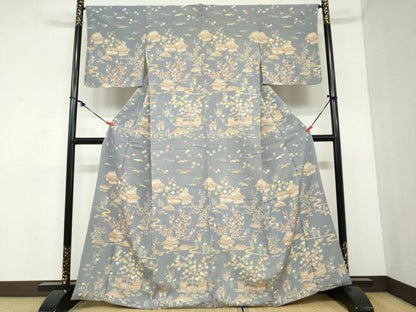 平和屋着物●訪問着　友禅　流水風景草花文　お召縮緬　正絹　逸品　DABC2464ud