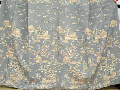 平和屋着物●訪問着　友禅　流水風景草花文　お召縮緬　正絹　逸品　DABC2464ud