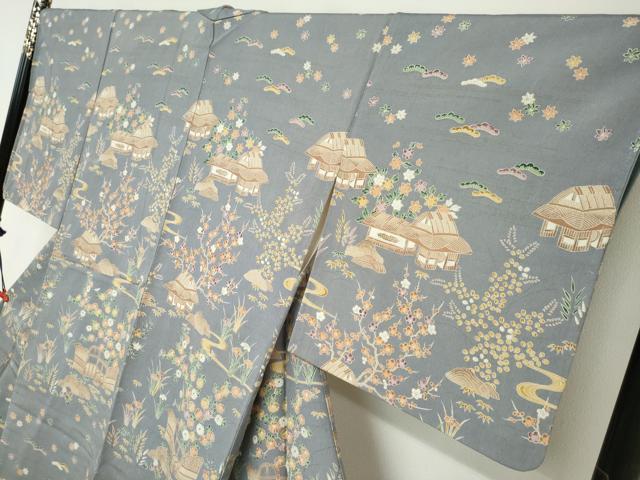 平和屋着物●訪問着　友禅　流水風景草花文　お召縮緬　正絹　逸品　DABC2464ud
