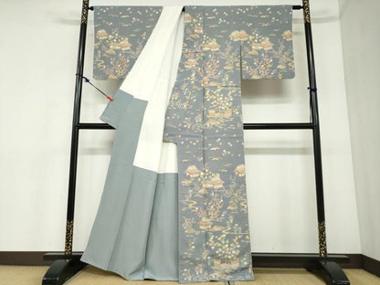 平和屋着物●訪問着　友禅　流水風景草花文　お召縮緬　正絹　逸品　DABC2464ud