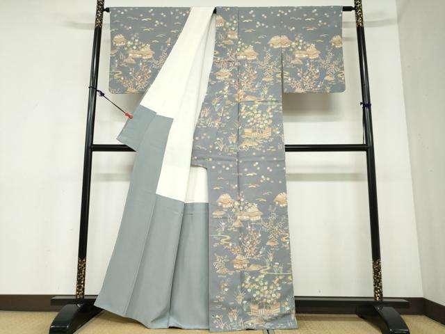平和屋着物●訪問着　友禅　流水風景草花文　お召縮緬　正絹　逸品　DABC2464ud