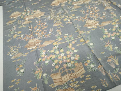 平和屋着物●訪問着　友禅　流水風景草花文　お召縮緬　正絹　逸品　DABC2464ud