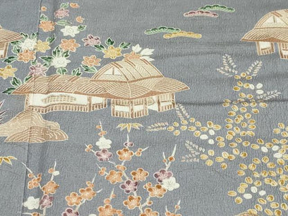 平和屋着物●訪問着　友禅　流水風景草花文　お召縮緬　正絹　逸品　DABC2464ud