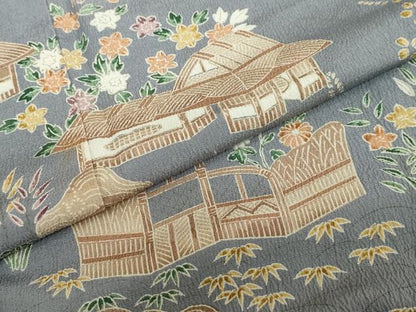 平和屋着物●訪問着　友禅　流水風景草花文　お召縮緬　正絹　逸品　DABC2464ud