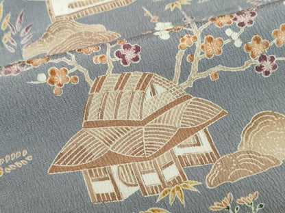 平和屋着物●訪問着　友禅　流水風景草花文　お召縮緬　正絹　逸品　DABC2464ud