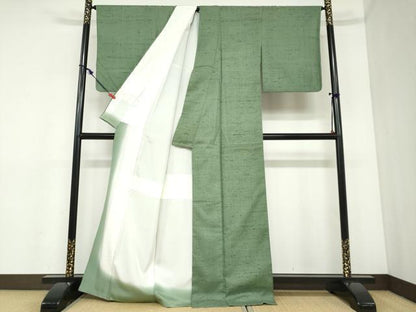 平和屋着物●上質な紬　草木染　松葉色　無落款　正絹　逸品　DABC2467ud