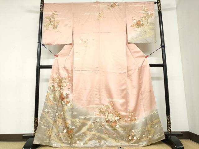 平和屋着物●訪問着　作家物　流水御所車草花文　暈し染め　金彩　正絹　逸品　DABC2487ud