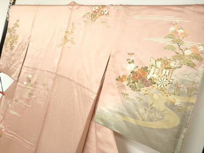 平和屋着物●訪問着　作家物　流水御所車草花文　暈し染め　金彩　正絹　逸品　DABC2487ud