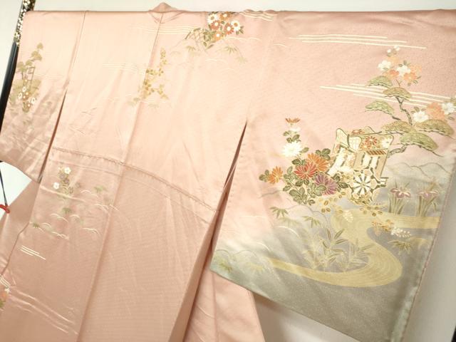 平和屋着物●訪問着　作家物　流水御所車草花文　暈し染め　金彩　正絹　逸品　DABC2487ud