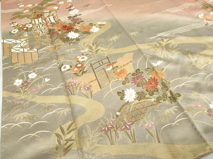 平和屋着物●訪問着　作家物　流水御所車草花文　暈し染め　金彩　正絹　逸品　DABC2487ud