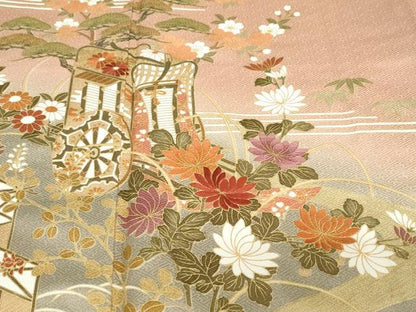 平和屋着物●訪問着　作家物　流水御所車草花文　暈し染め　金彩　正絹　逸品　DABC2487ud