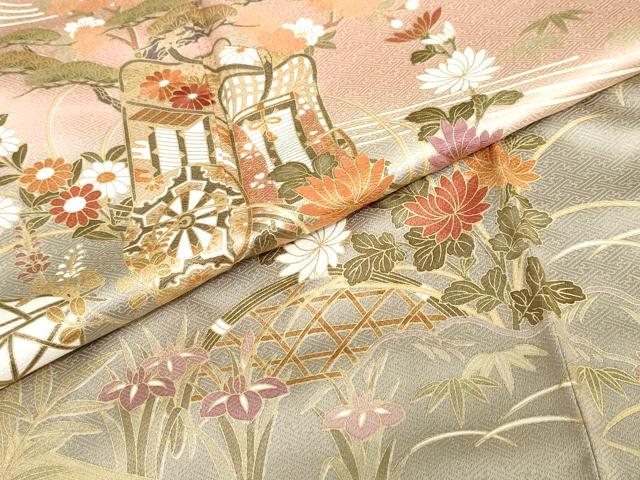 平和屋着物●訪問着　作家物　流水御所車草花文　暈し染め　金彩　正絹　逸品　DABC2487ud