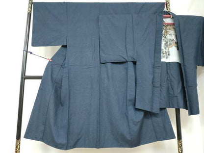 平和屋着物●男性　紬　アンサンブル　長羽織　留紺色　正絹　逸品　DABC2493ud