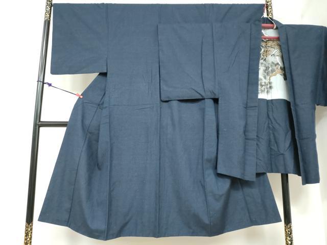 平和屋着物●男性　紬　アンサンブル　長羽織　留紺色　正絹　逸品　DABC2493ud