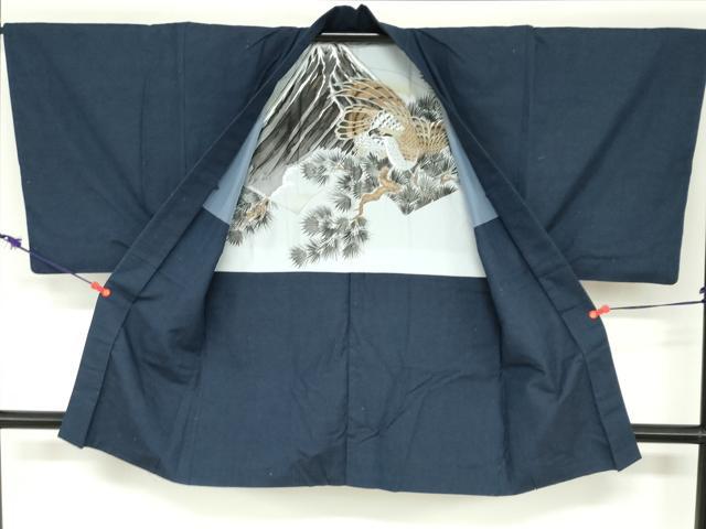 平和屋着物●男性　紬　アンサンブル　長羽織　留紺色　正絹　逸品　DABC2493ud