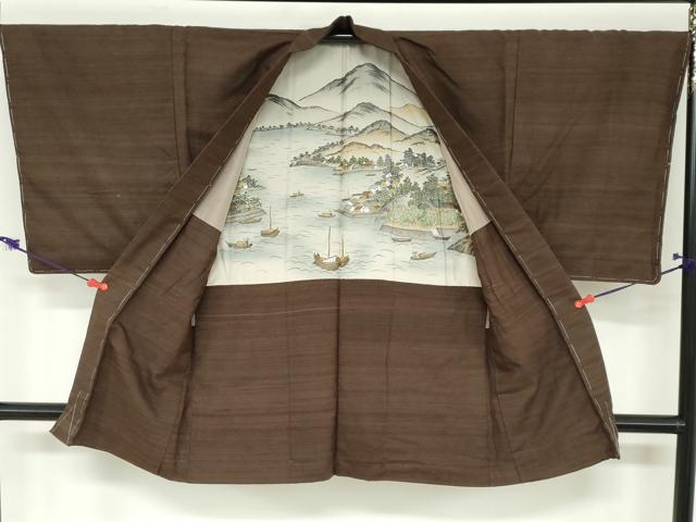 平和屋着物●男性　紬　アンサンブル　赤墨色　正絹　逸品　未使用　DABC2501ud