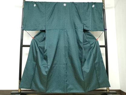 平和屋着物●男性　色紋付　長羽織セット　菱文　千歳緑色　金糸　キングサイズ　洗える着物　DABC2502ud