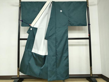 平和屋着物●男性　色紋付　長羽織セット　菱文　千歳緑色　金糸　キングサイズ　洗える着物　DABC2502ud