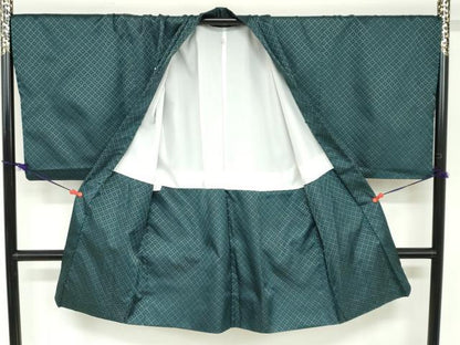 平和屋着物●男性　色紋付　長羽織セット　菱文　千歳緑色　金糸　キングサイズ　洗える着物　DABC2502ud