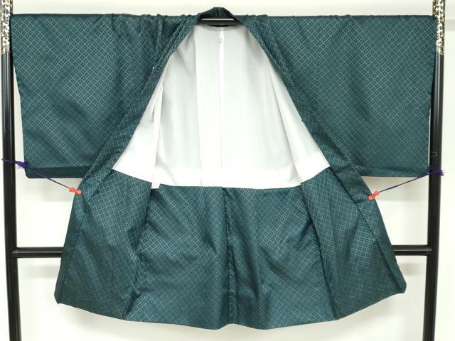 平和屋着物●男性　色紋付　長羽織セット　菱文　千歳緑色　金糸　キングサイズ　洗える着物　DABC2502ud