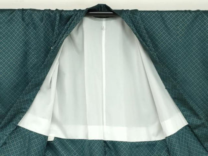 平和屋着物●男性　色紋付　長羽織セット　菱文　千歳緑色　金糸　キングサイズ　洗える着物　DABC2502ud