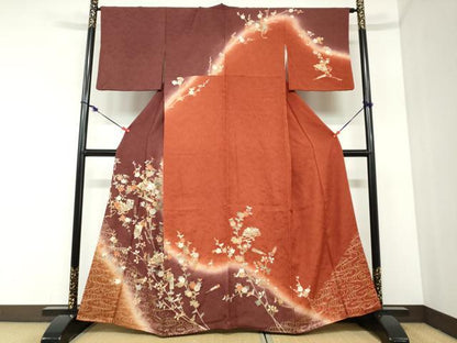 平和屋着物●訪問着　駒刺繍　檜扇草花文　暈し染め　金彩　正絹　逸品　DABC2506ud