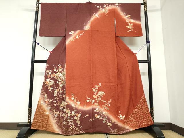 平和屋着物●訪問着　駒刺繍　檜扇草花文　暈し染め　金彩　正絹　逸品　DABC2506ud