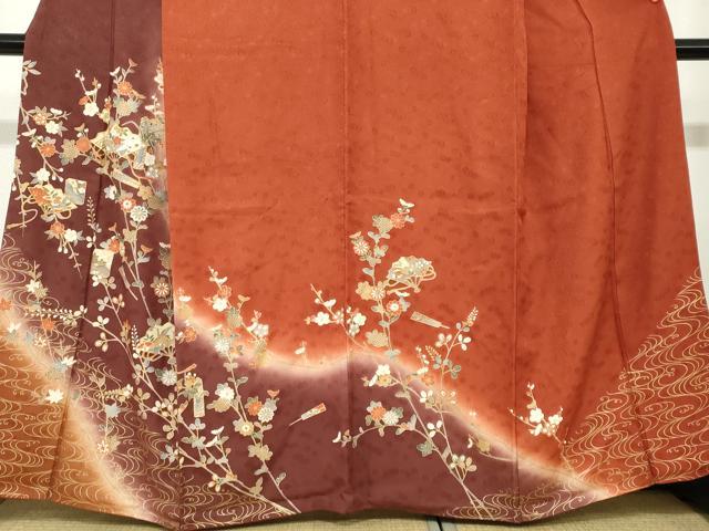 平和屋着物○訪問着 駒刺繍 檜扇草花文 暈し染め 金彩