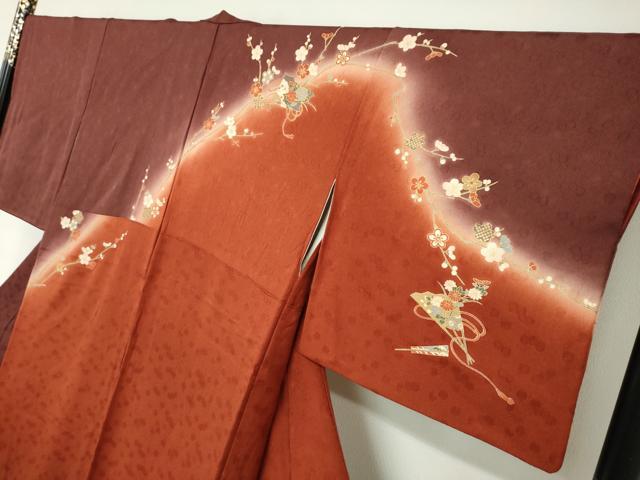 平和屋着物○訪問着 駒刺繍 檜扇草花文 暈し染め 金彩