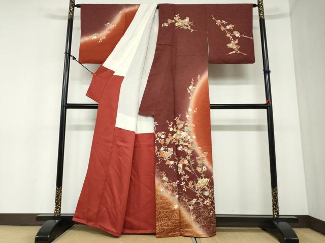 平和屋着物●訪問着　駒刺繍　檜扇草花文　暈し染め　金彩　正絹　逸品　DABC2506ud 平和屋着物○訪問着 駒刺繍 檜扇草花文 暈し染め 金彩