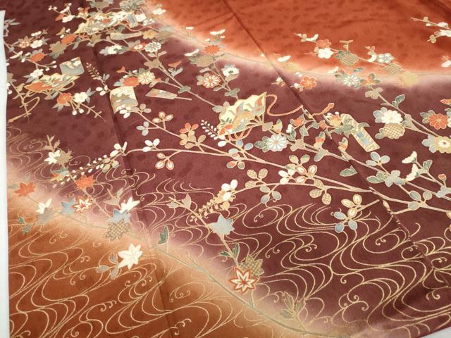 平和屋着物●訪問着　駒刺繍　檜扇草花文　暈し染め　金彩　正絹　逸品　DABC2506ud